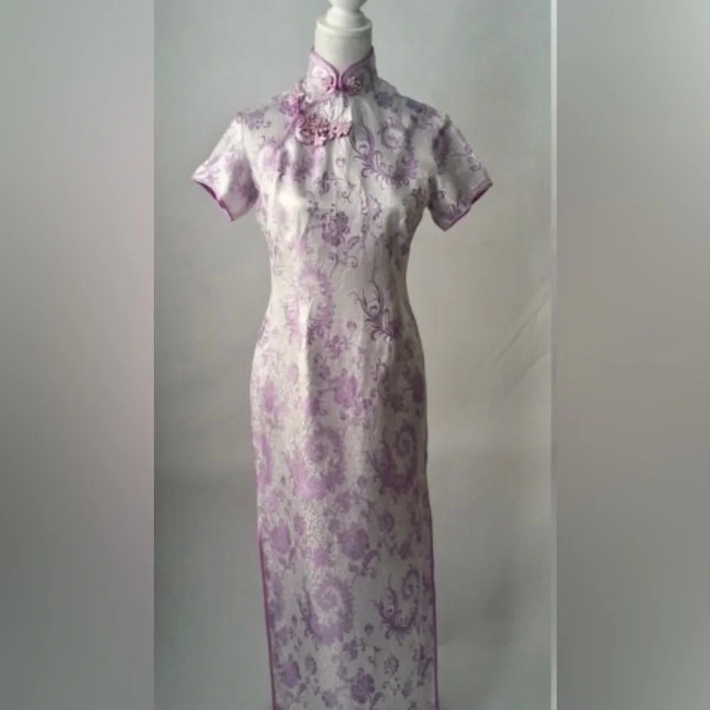 Vintage - 1980s Purple Silver Metallic Cheongsam Dress with High Slits